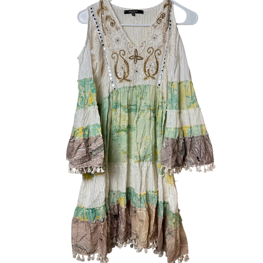 Blanca‎ Ibiza Dress Womens S/M Cold Shoulder Embroidered Tassel Boho Tiered